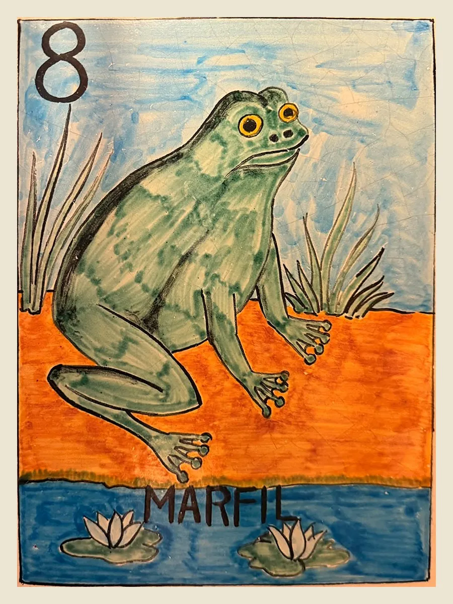 Lotería card of the Marfil suite, number 8: the frog