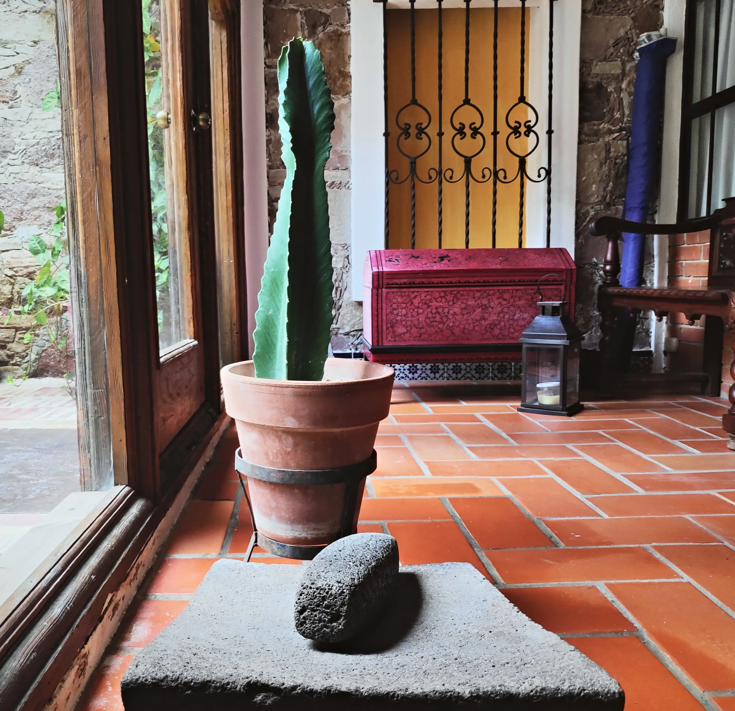 Prickly pear cactus in a clay pot by the window, with a stone grinder and brick floor