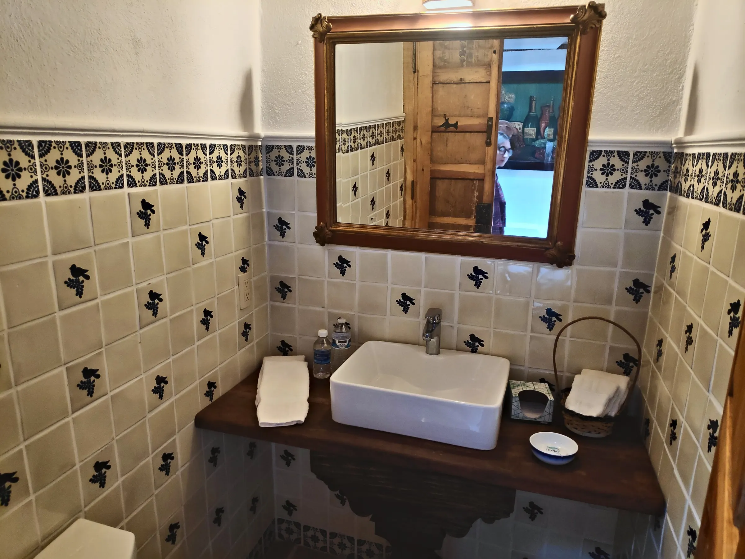 La Bolita suite bathroom with blue Talavera tiles and a wooden mirror